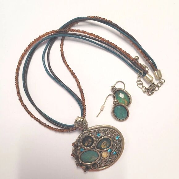 Art to Wear Boho Choker Necklace Earring Set Retro Art Deco Bead Stone Cabochon - Picture 3 of 6